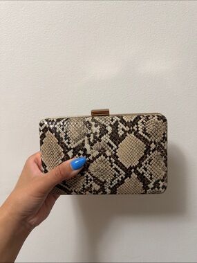 Snake-Print Box Clutch with Gold Chain - Beige/Black